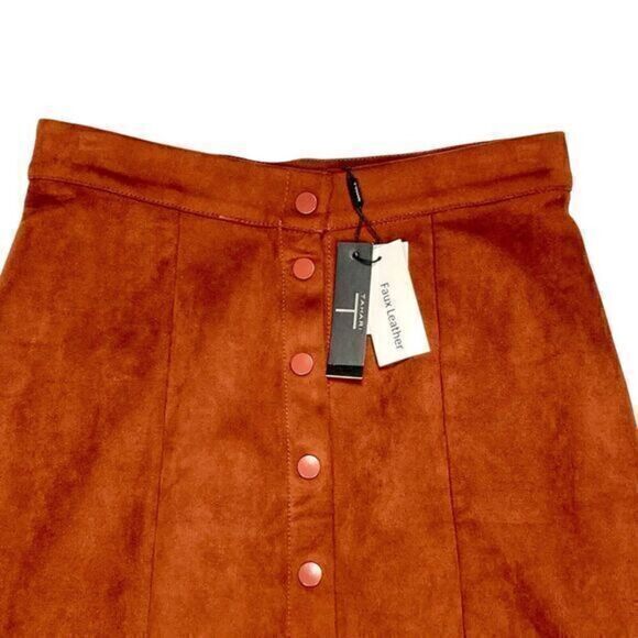Tahari Mini Skirt Womens 6 Brown Faux Suede Leather Snap Button Front Pencil NEW - Picture 2 of 10